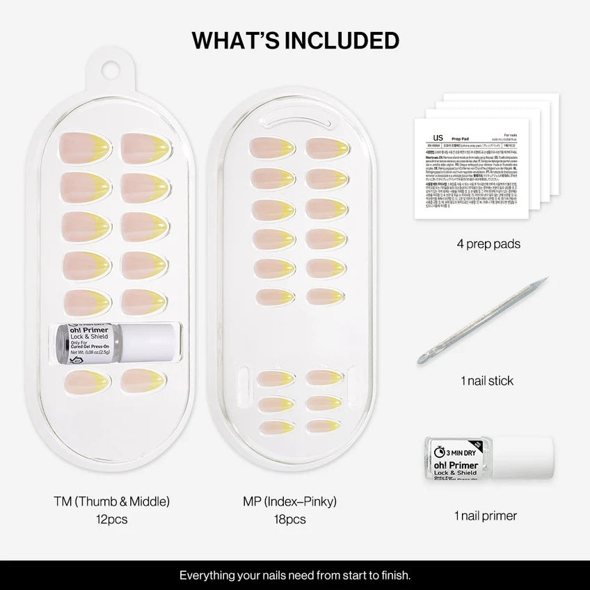 Gel Press On Nails | Lemon Chrome,Pure French,Mirror French | Mirror French | Salon-Quality, 100% Real Gel, No UV Lamp, No Glue, Non-Toxic | 3 Sizes, 24 Tips | Long Lasting press ons, K beauty nails